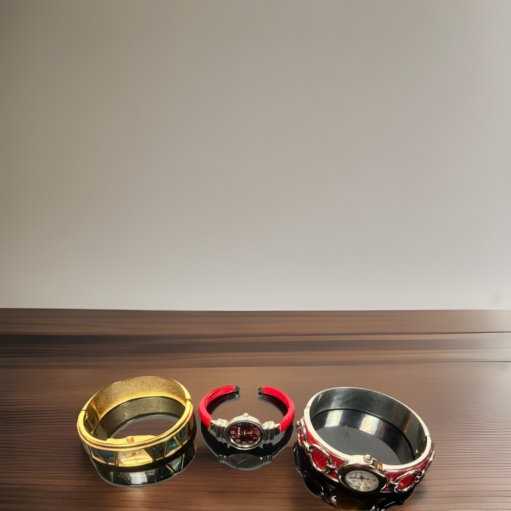 Jewelry Watch Cuff Bracelet Lot Of 3 Fashion Wear Red Gold Tone Working